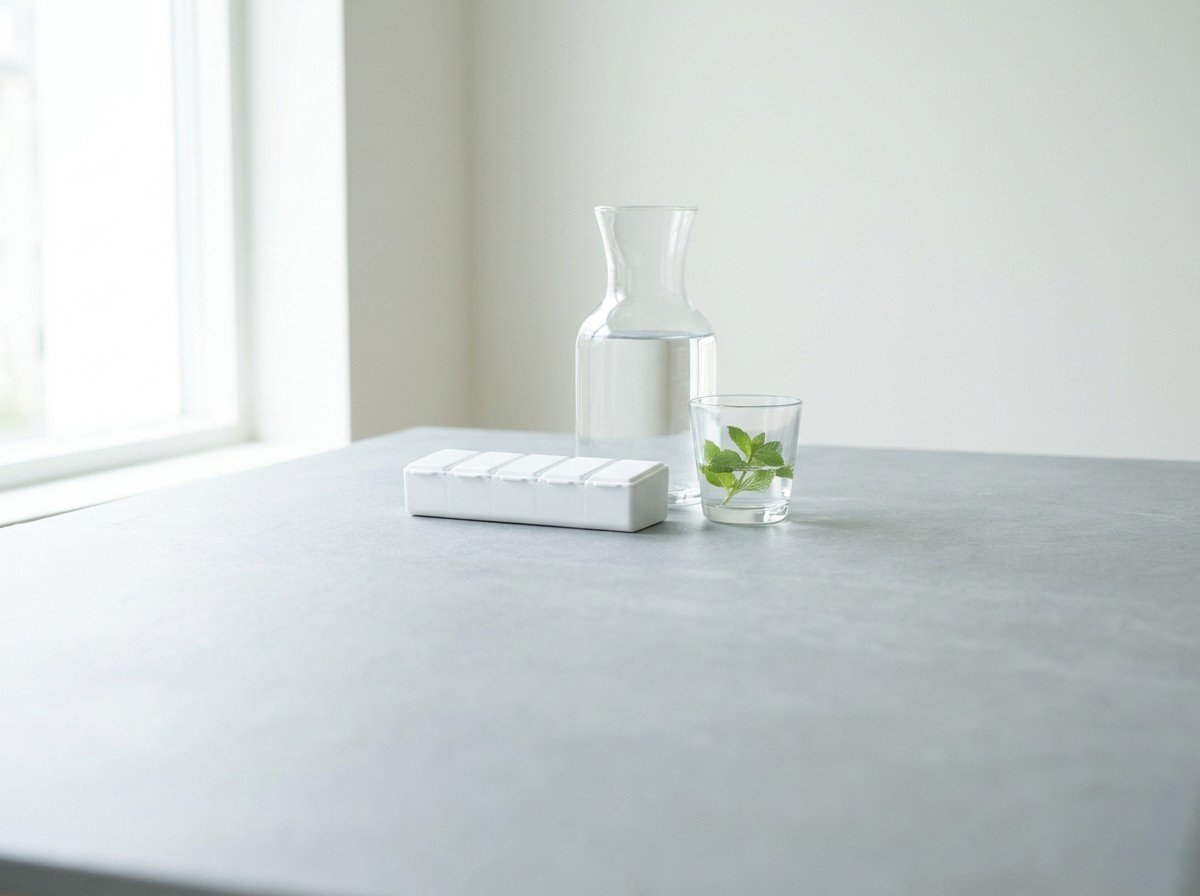 A closed white weekly pill organizer, a glass carafe of water and a small glass with mint leaves clustered on light gray slate, lower third empty