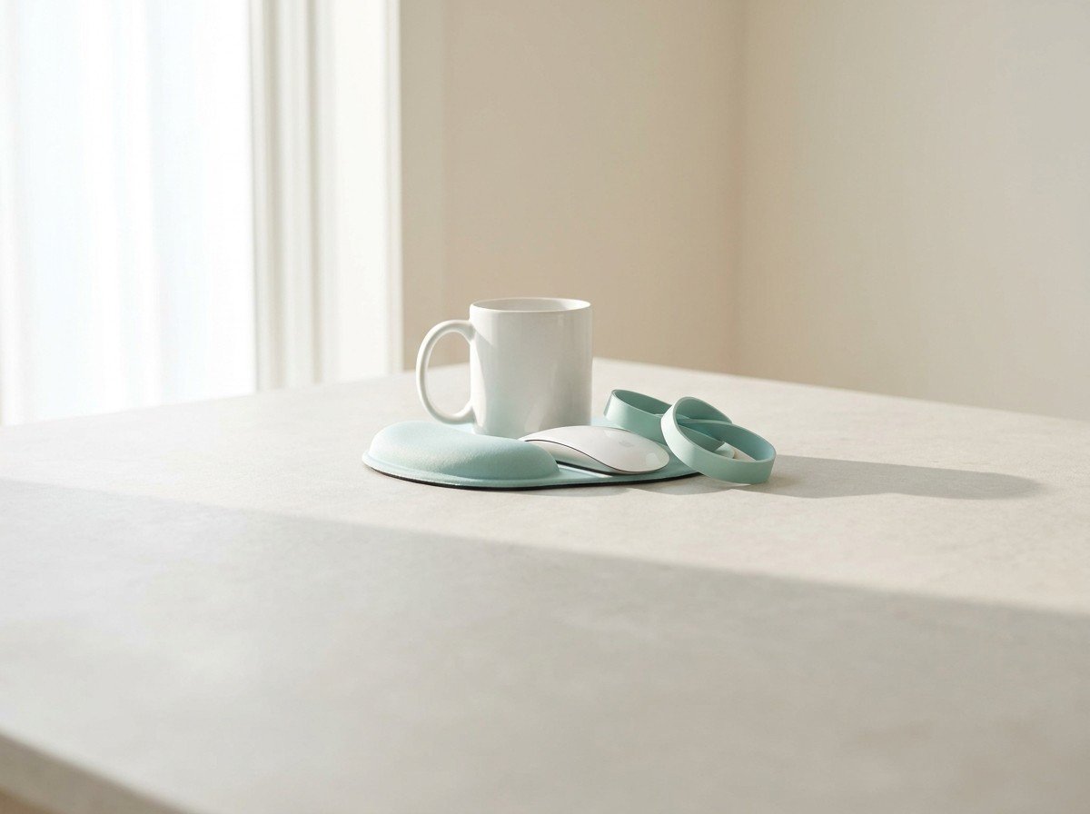 A white computer mouse on a soft teal gel wrist rest beside a coiled teal rubber band and a white ceramic mug on pale stone in soft window light