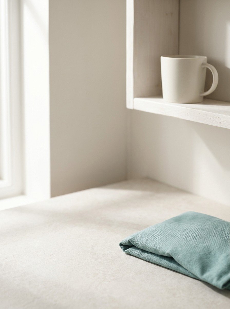 A ceramic mug on a white wall shelf and a soft teal heat pack on pale stone at the right of the frame, upper left of the frame left empty