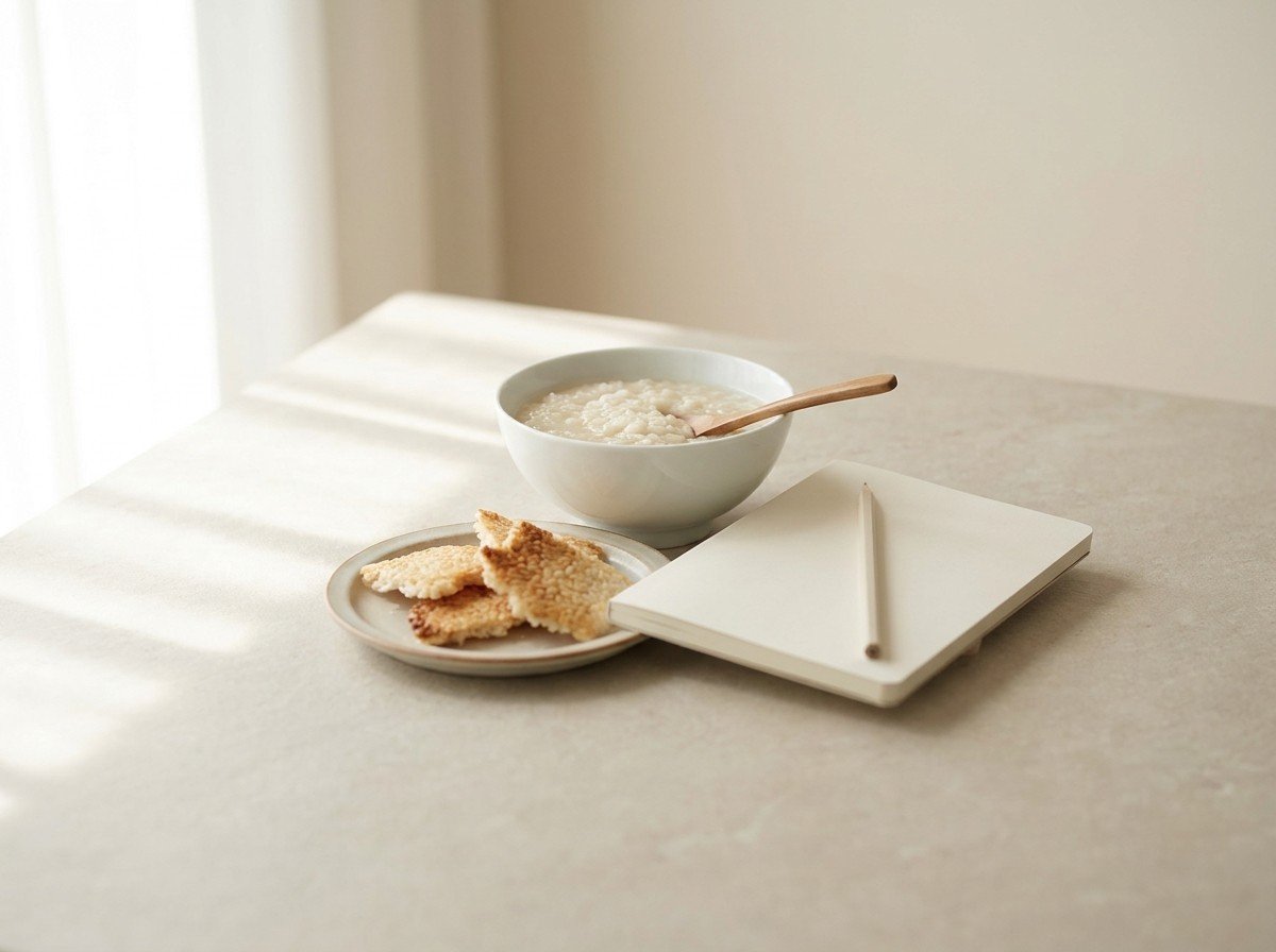 A white porcelain bowl of rice porridge with a wooden spoon, a small plate of golden scorched rice crust and a closed notebook with a pencil clustered on pale stone, lower third empty