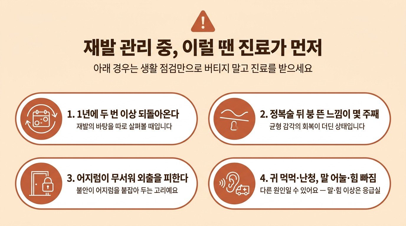 재발 관리 중 진료가 먼저인 네 가지 신호 — 1년에 두 번 이상 재발, 정복술 뒤 붕 뜬 느낌이 몇 주째, 어지럼이 무서워 외출을 피함, 귀 먹먹함·난청이나 말 어눌함·힘 빠짐