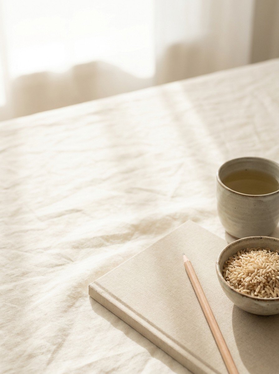 A closed plain notebook with a pencil, a small bowl of brown rice and a cup of pale herbal tea at the lower-right of a cream linen table, the upper-left left empty in soft window light.