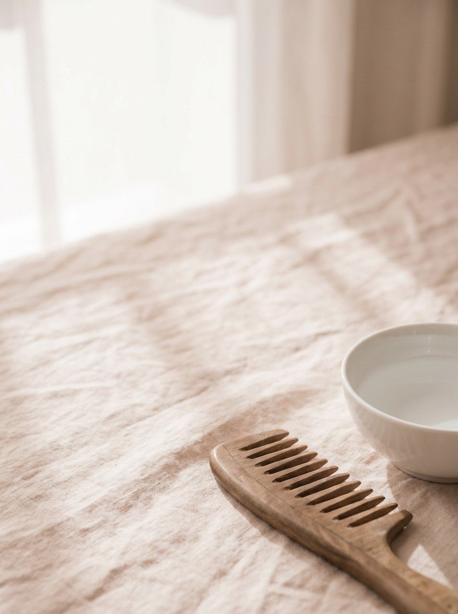 A wooden wide-tooth comb beside a white porcelain bowl of water in the lower right of cream-rose linen, upper left empty