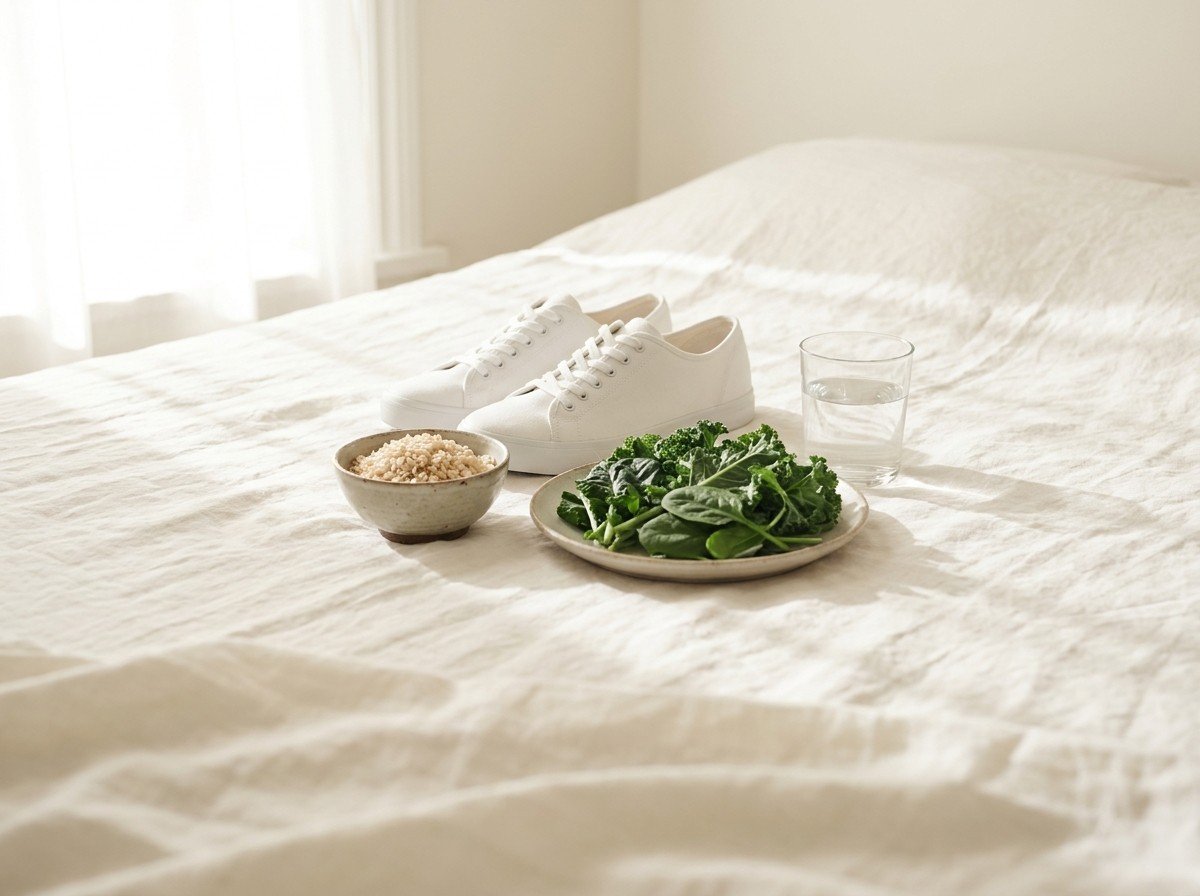 A pair of white walking sneakers, a small bowl of brown rice, a plate of leafy greens and a glass of water grouped on cream linen in soft window light, with open linen below.