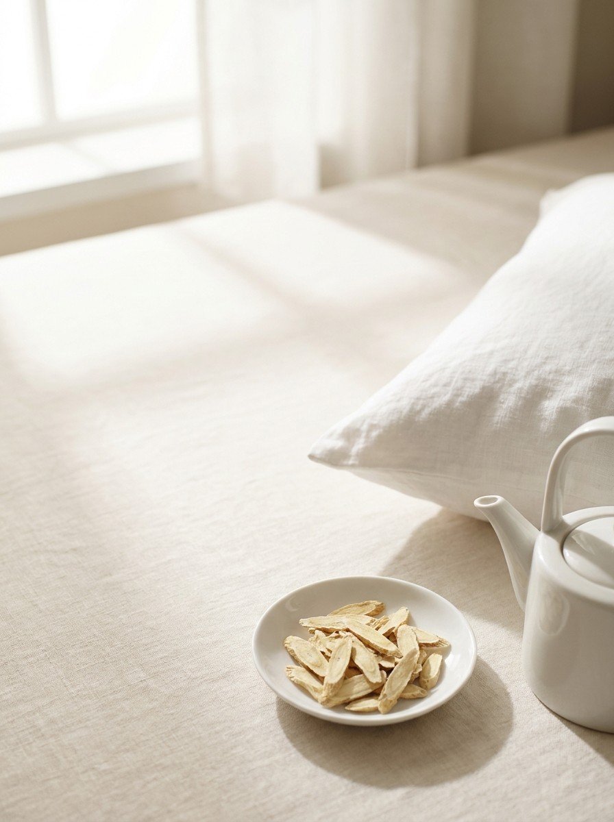 The corner of a white linen pillow, a small white ceramic teapot and a dish of dried astragalus slices on the lower right of cream linen, upper left of the frame left empty