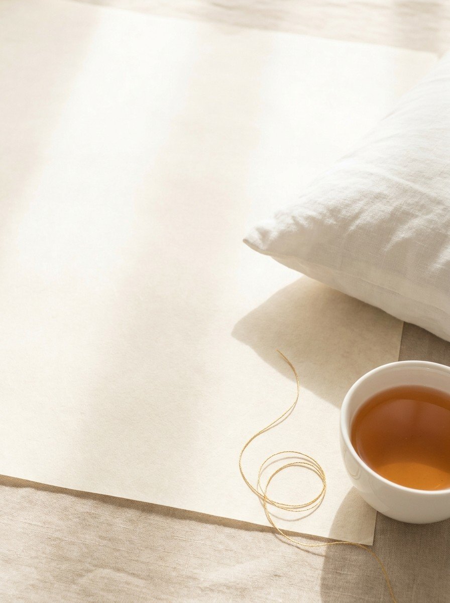 The corner of a white linen pillow, a white porcelain cup of jujube tea and a loosely coiled thin gold thread on the lower right of cream hanji paper, upper left of the frame left empty