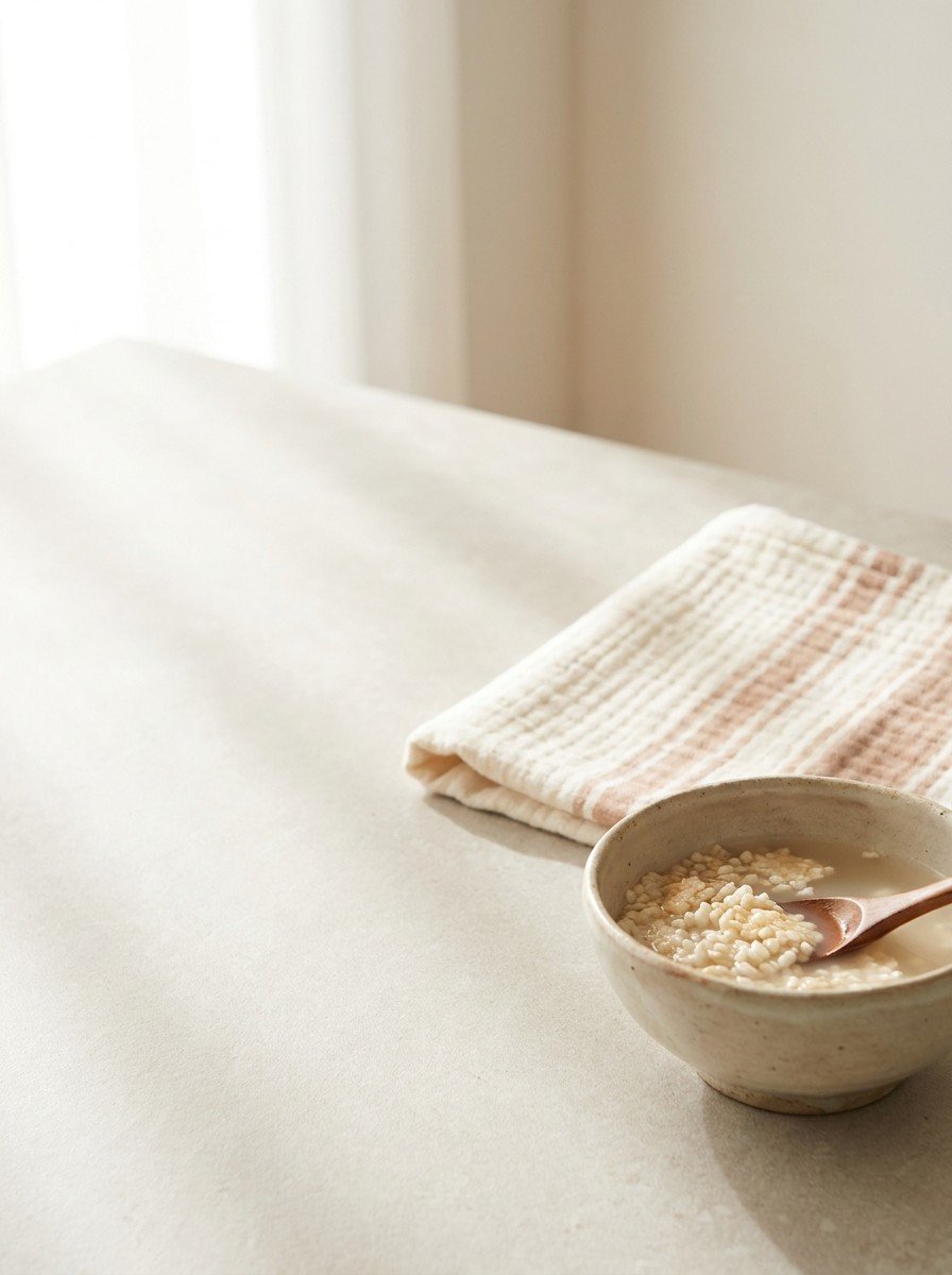 A clay bowl of scorched-rice tea with a wooden spoon and a folded cotton belly warmer in the lower right of a light stone surface, upper left empty