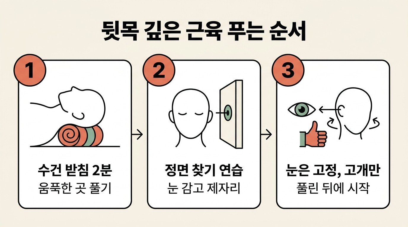 뒷목 깊은 근육 푸는 순서 — 수건 받침 2분, 정면 찾기 연습, 눈은 고정하고 고개만