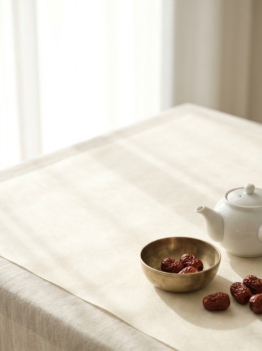 A small white porcelain teapot, a brass bowl and a few dried jujubes on the lower right of cream hanji paper, upper left of the frame left empty