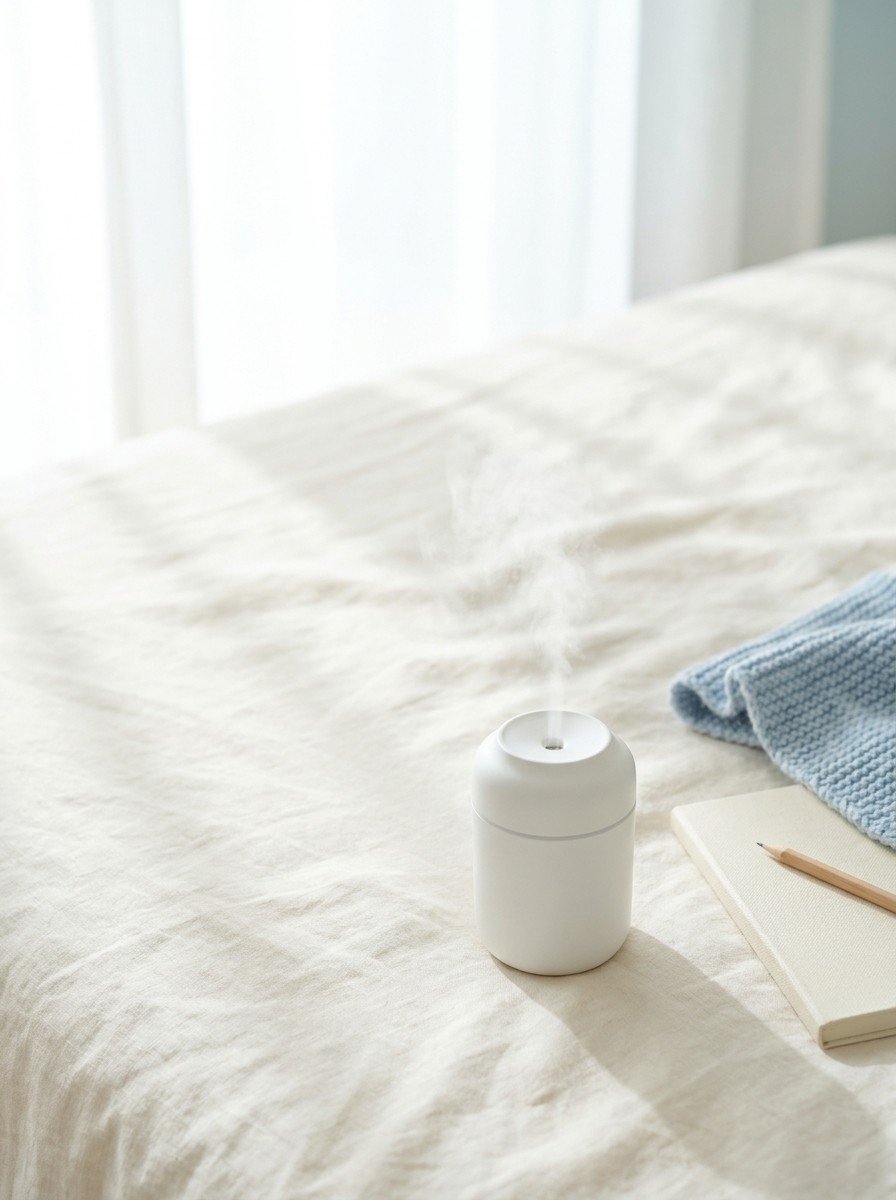 A small white humidifier with a soft wisp of mist, a cream notebook with a pencil and a pale blue knitted scarf on the lower right of cream linen, upper left of the frame left empty