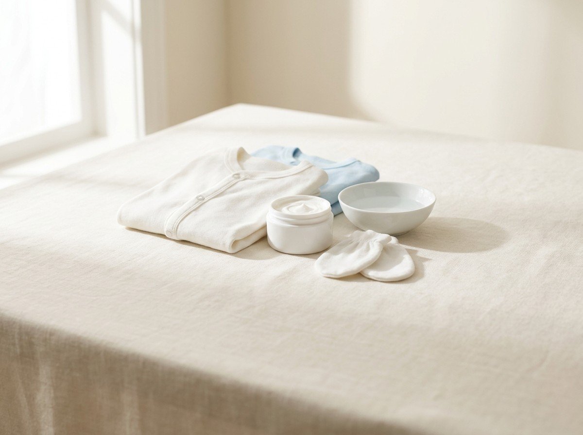 Folded white and pale blue cotton child's pajamas, an open unlabeled cream jar, tiny white cotton mittens and a white porcelain bowl of water grouped on cream linen in soft window light