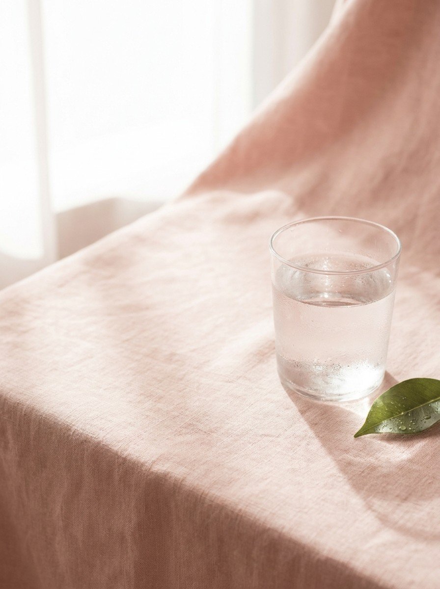 A glass of cool water with condensation and a single green leaf with water droplets in the lower right of cream-rose linen, upper left empty