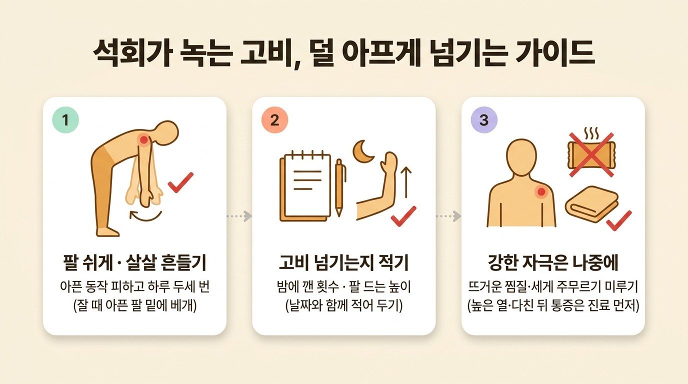석회가 녹는 고비를 덜 아프게 넘기는 방법 세 가지: 팔 쉬게 하고 살살 흔들기, 밤에 깬 횟수와 팔 드는 높이 적기, 강한 자극은 나중에