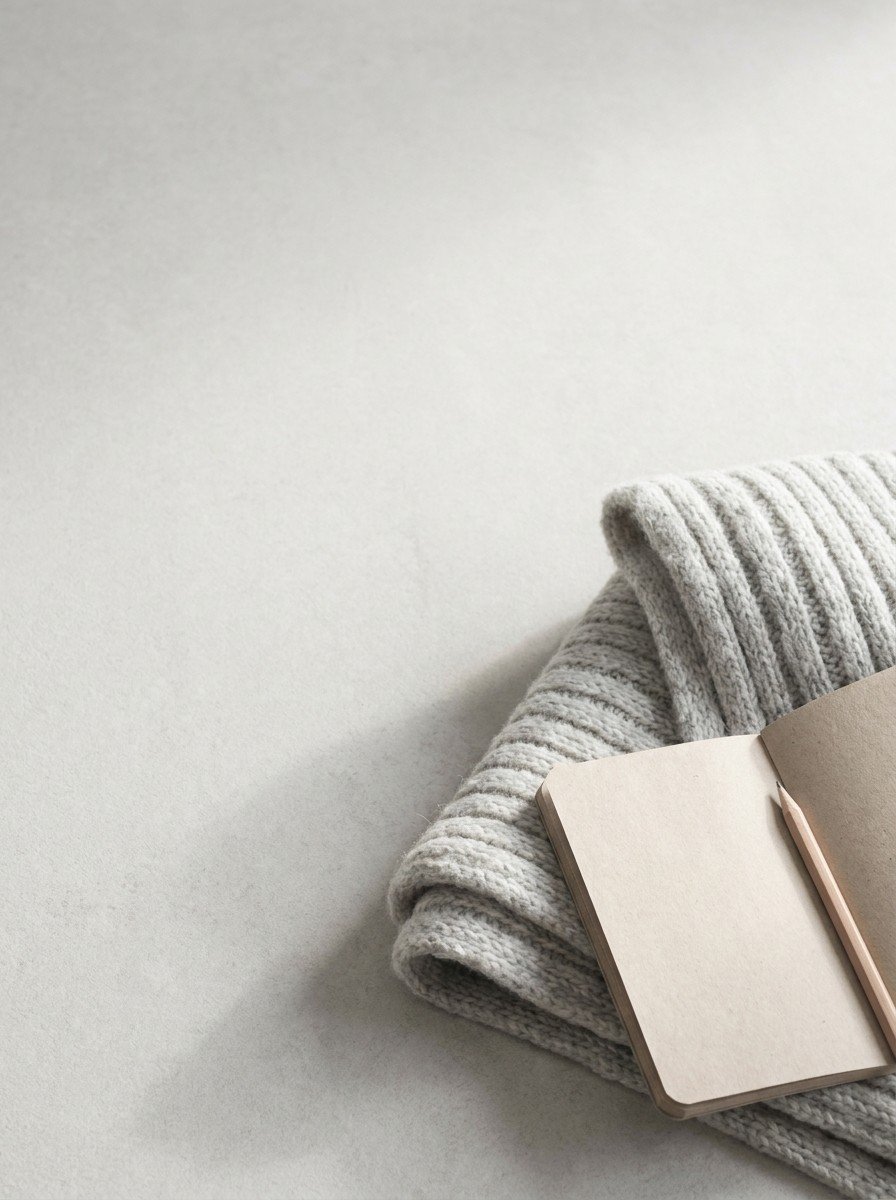 A folded pale gray knitted scarf and an open blank notebook with a pencil in the lower right of a light gray stone surface, upper left empty