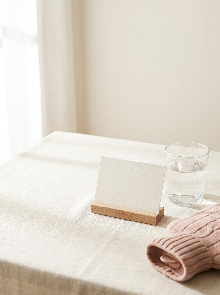 A blank calendar card and a glass of water with the edge of a knitted blush hot water bottle at the lower right of cream linen, upper left of the frame left empty