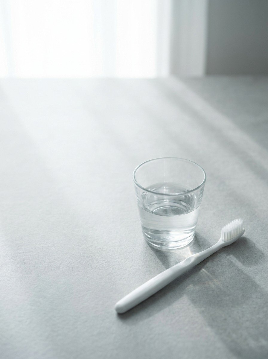 A small clear glass of lukewarm salt water and a white toothbrush in the lower right of a light gray stone surface, upper left empty
