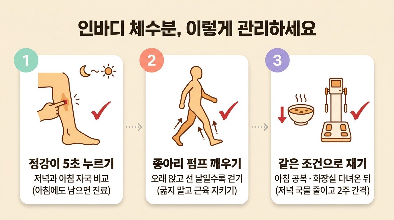 인바디 체수분 관리 가이드 — 정강이 5초 누르기, 종아리 펌프 깨우기, 같은 조건으로 재기