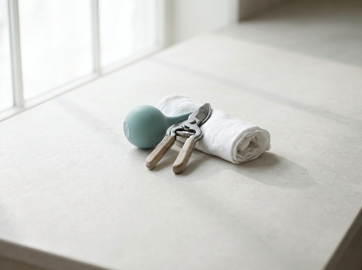 A soft teal rubber squeeze ball, closed wooden-handled pruning shears and a rolled white hand towel grouped on pale stone in soft window light