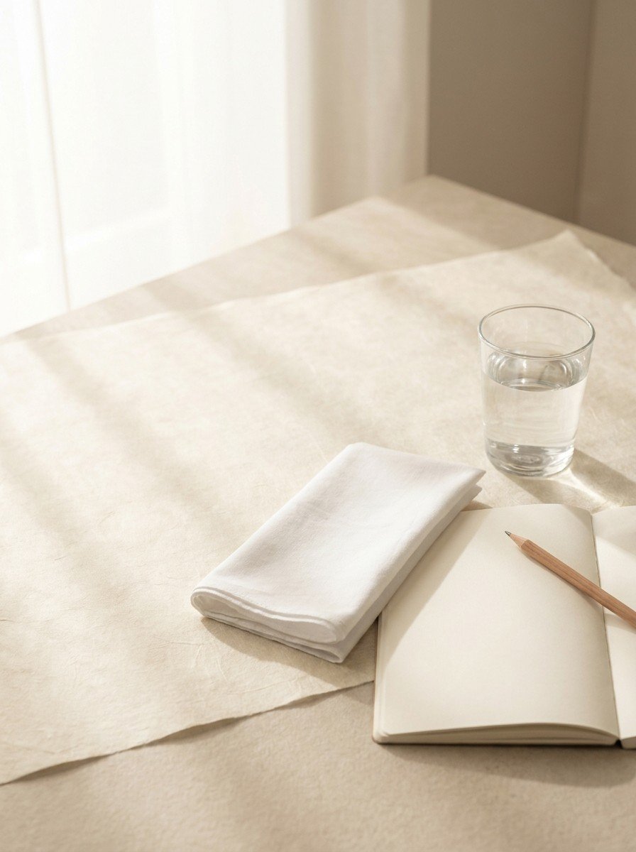 A folded white cotton handkerchief, a blank open notebook with a pencil and a glass of water on the lower right of cream hanji paper, upper left of the frame left empty
