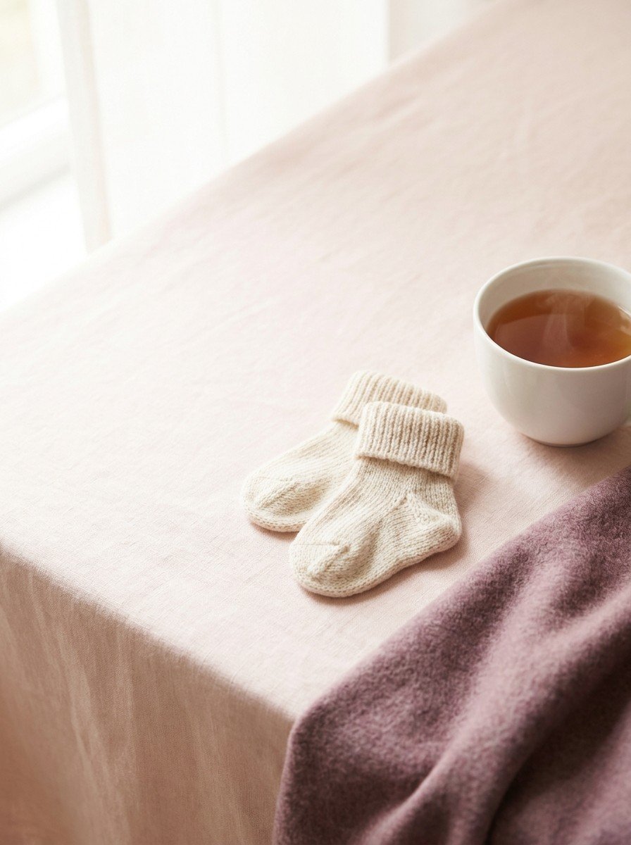 Tiny knitted baby socks, a white cup of warm tea and a folded plum wool blanket in the lower right of blush linen, upper left empty