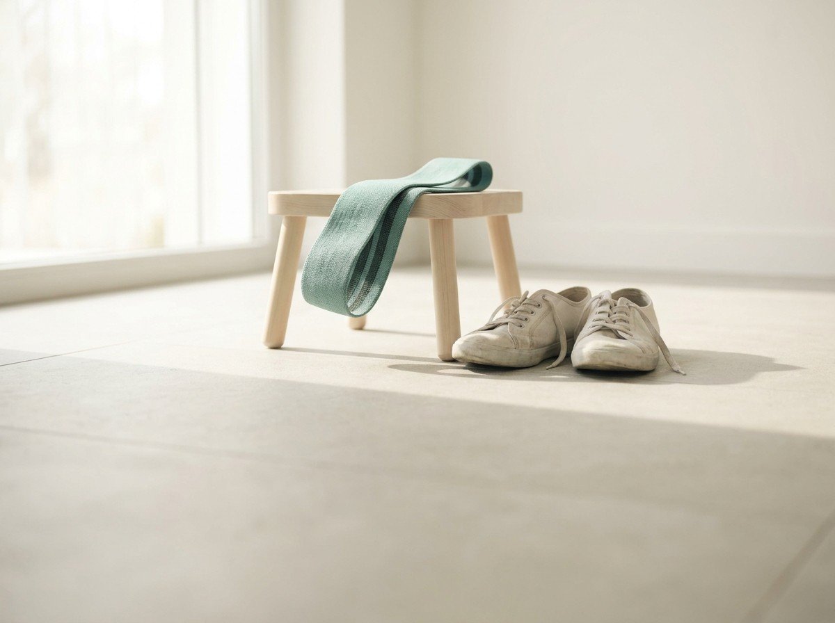 A low light wooden stool with a teal fabric loop band beside a pair of white canvas walking shoes on a pale stone floor in soft window light