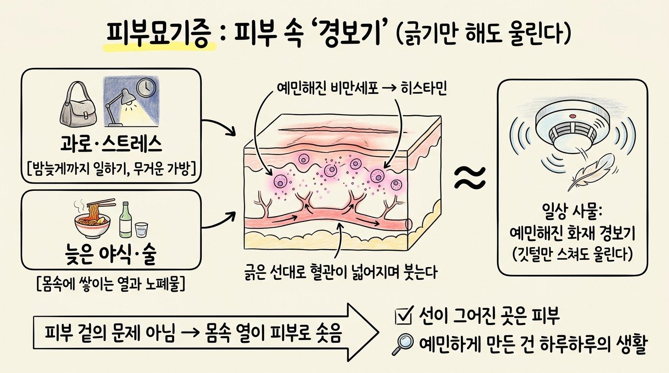 피부묘기증은 피부 속 경보기 — 과로·스트레스와 늦은 야식·술이 비만세포를 예민하게 만들어, 깃털만 스쳐도 울리는 화재 경보기처럼 긁은 선대로 붓는다