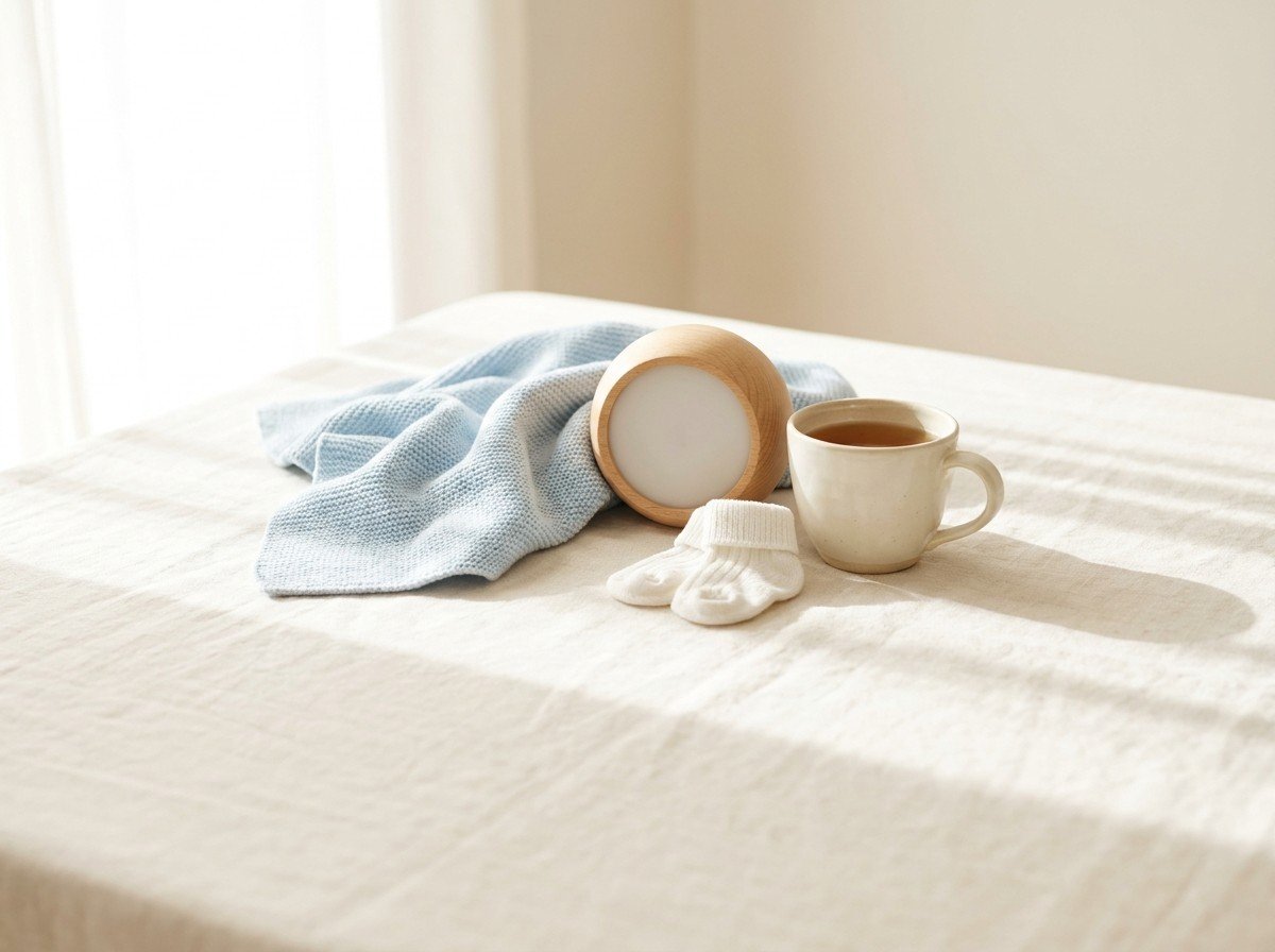 A folded pale blue knitted baby blanket, a small round wooden night lamp, tiny white baby socks and a cream cup of warm tea grouped on cream linen in soft window light