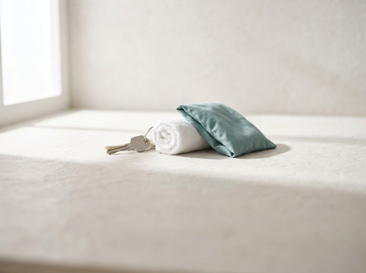 A plain car key, a small rolled white towel and a soft teal heat pack clustered on pale stone in soft window light