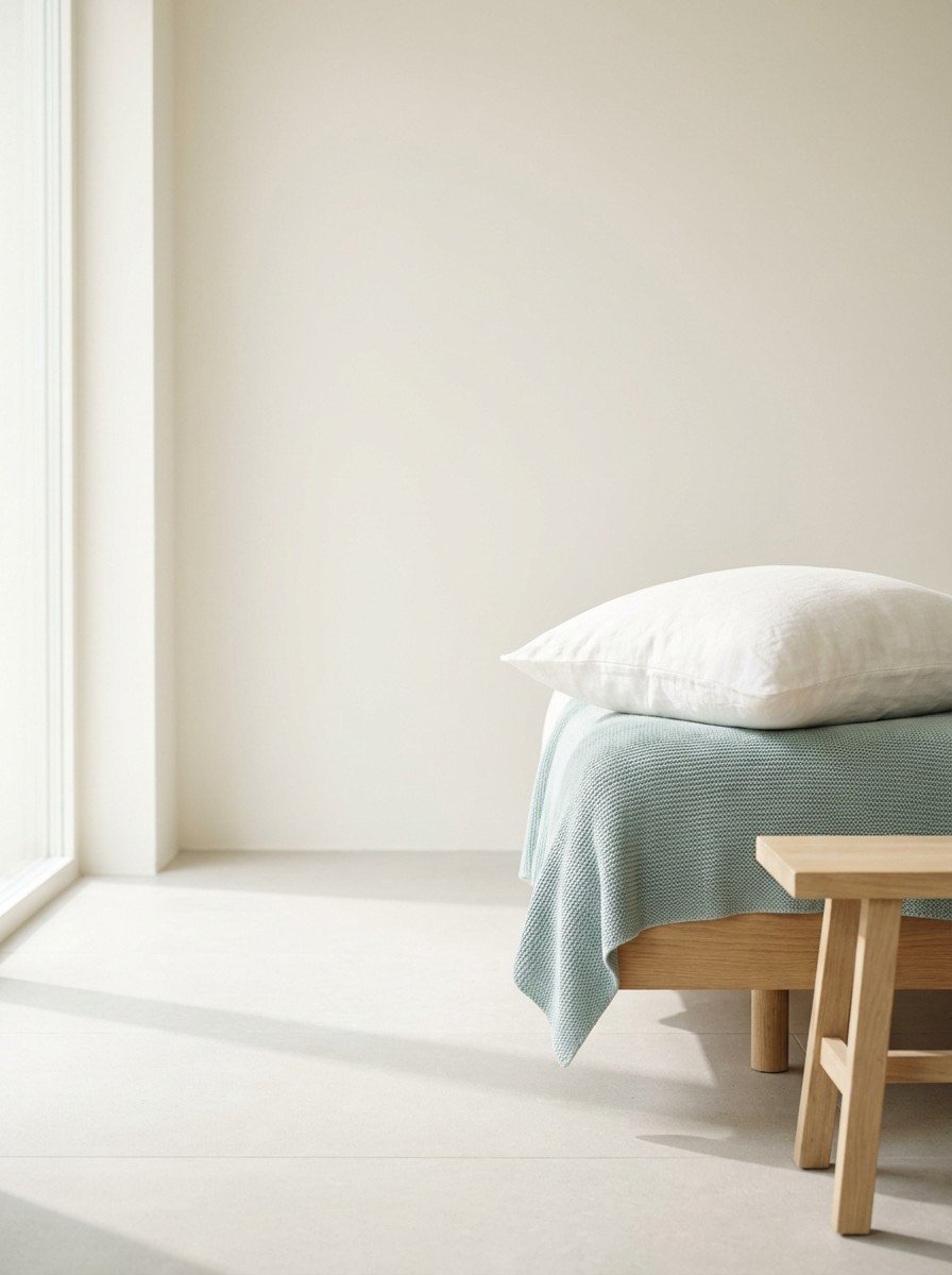 A white pillow and a teal knit blanket on the edge of a low bed beside a light wooden stool on a pale stone floor, upper left of the frame left empty