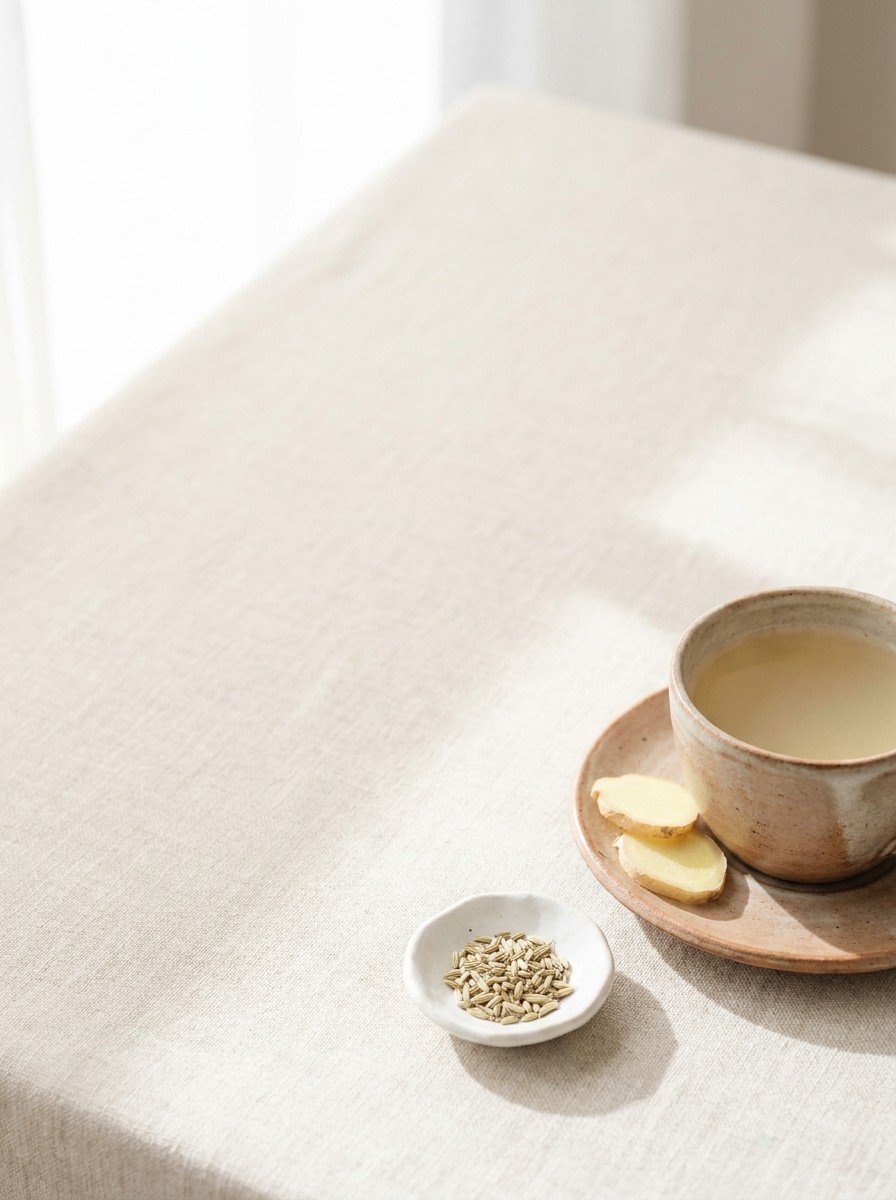 A clay cup of ginger tea with ginger slices on a saucer and a small white dish of fennel seeds in the lower right of oatmeal linen, upper left empty