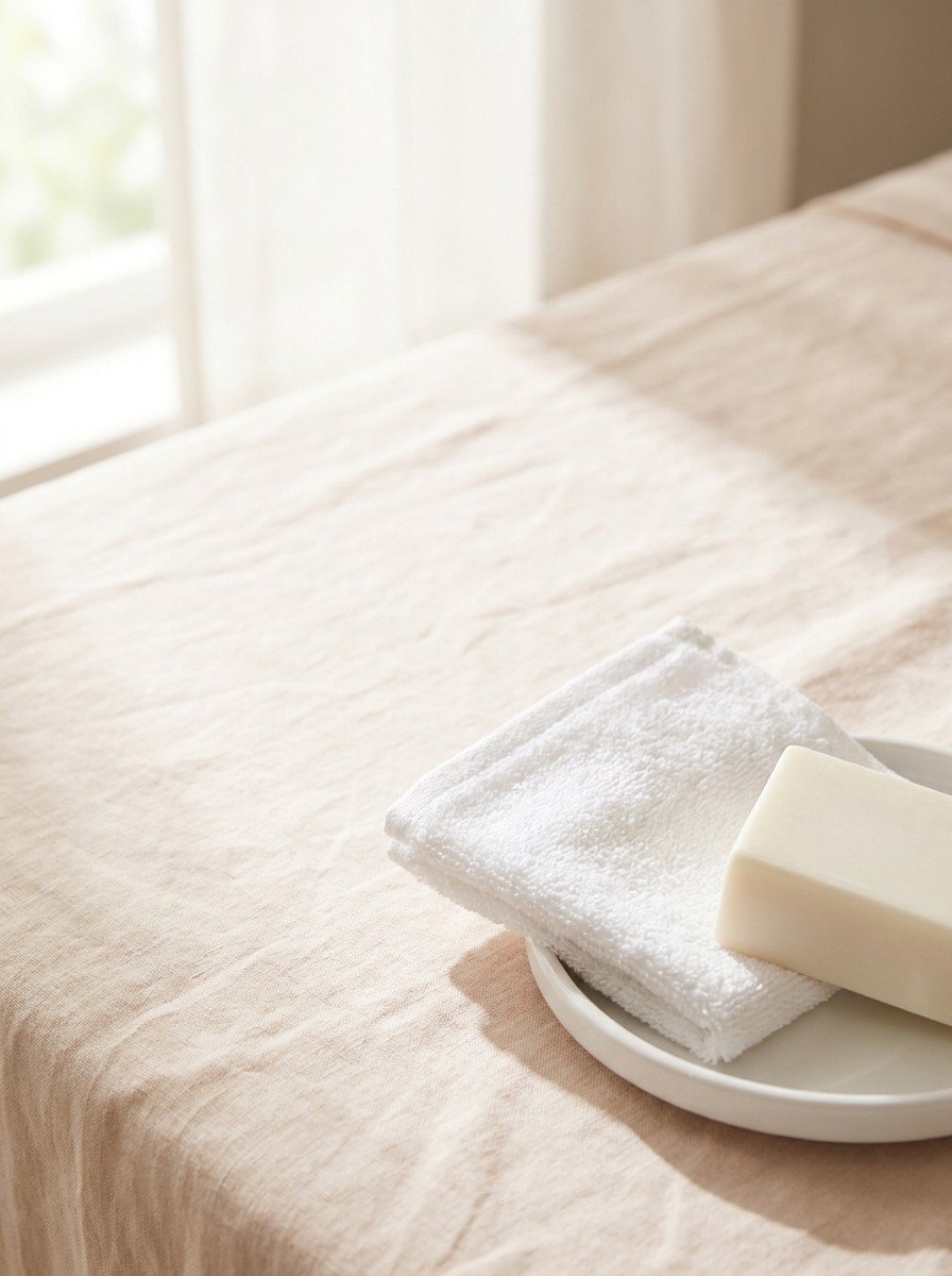 A small folded white cotton hand towel and a plain bar of soap on a white porcelain dish in the lower right of cream-rose linen, upper left empty