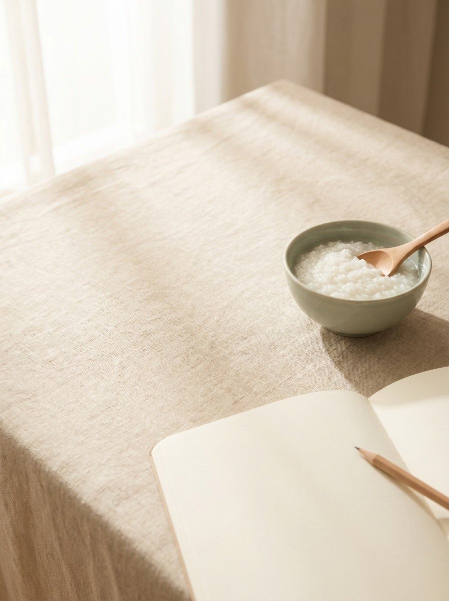 A celadon bowl of plain rice porridge with a wooden spoon and an open blank notebook with a pencil in the lower right of beige linen, upper left empty