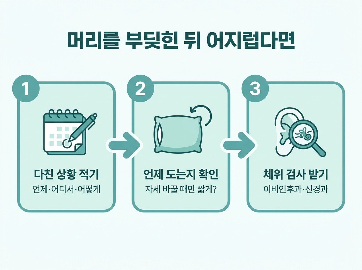 머리를 부딪힌 뒤 어지럽다면 — 다친 날과 상황 적기, 자세 바꿀 때만 도는지 확인, 체위 검사 받기