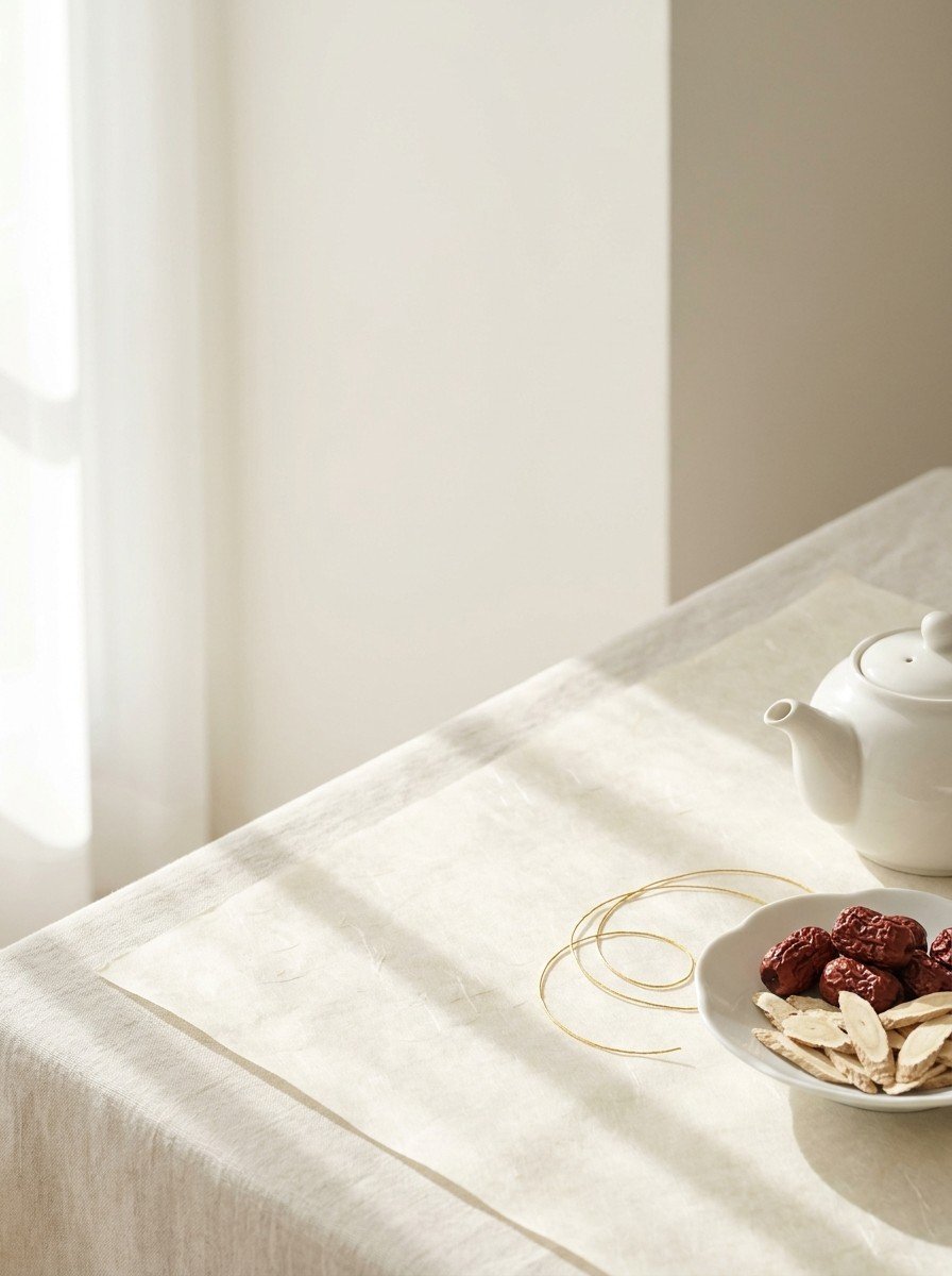 A white porcelain dish of dried jujubes and astragalus slices, a small white ceramic teapot and a loosely coiled gold thread on the lower right of cream hanji paper, upper left of the frame left empty