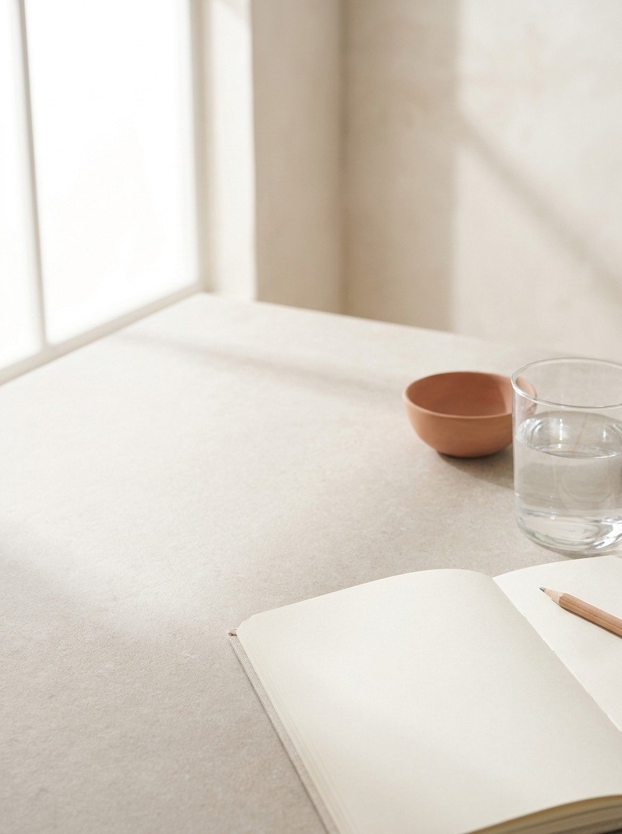 An open blank notebook with a pencil, a small clay bowl and a glass of water in the lower right of a light stone surface, upper left empty