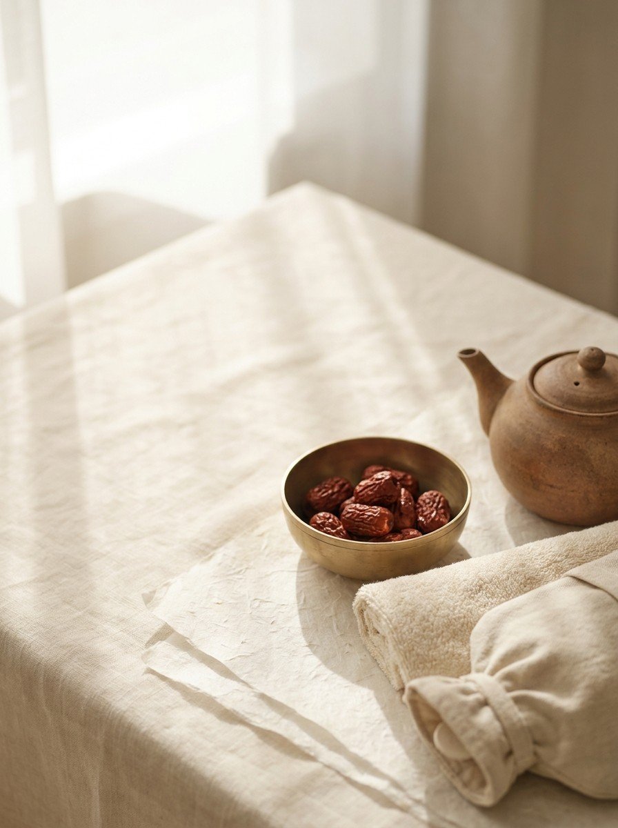 A hot water bottle wrapped in a cream towel, a small clay teapot and dried jujubes in a brass bowl on cream linen and hanji paper, upper left of the frame left empty
