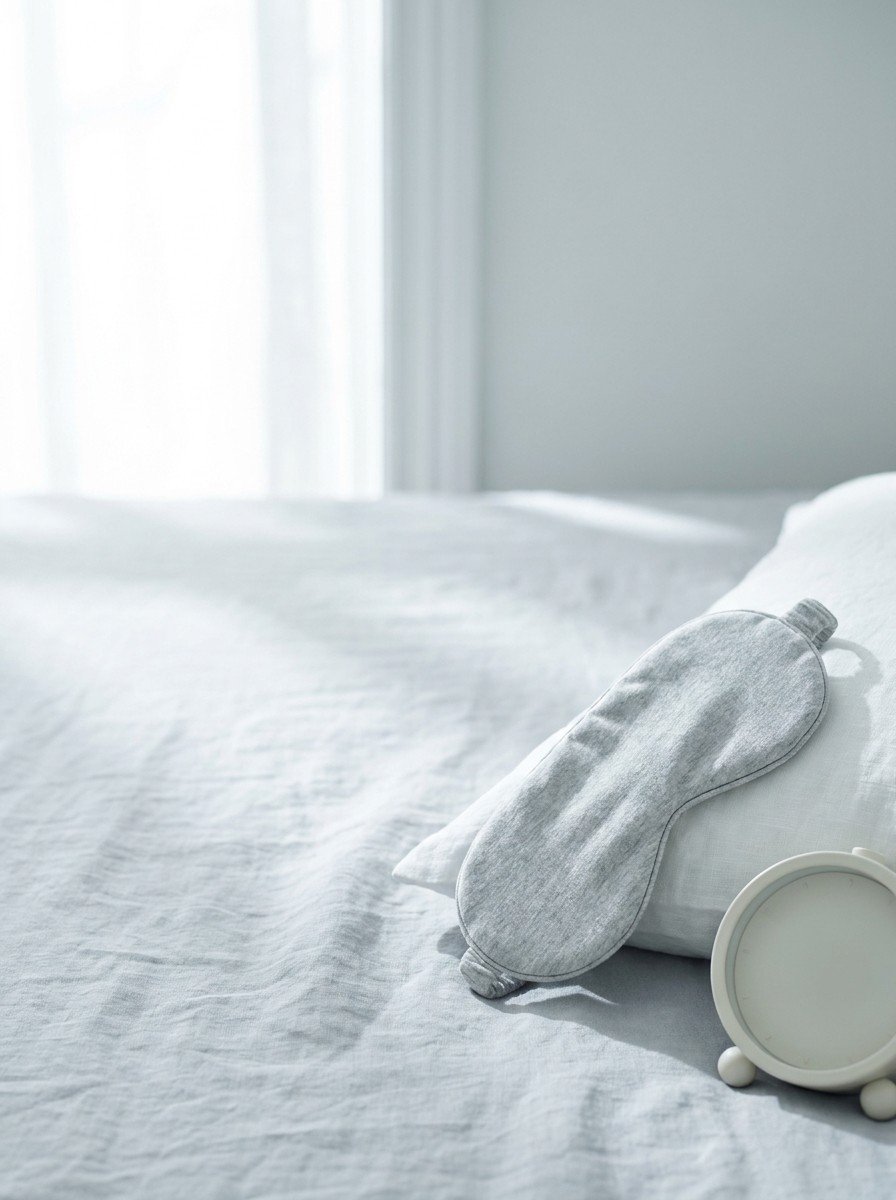 A gray sleep eye mask on the corner of a white linen pillow and a small alarm clock with a blank dial in the lower right of a pale linen bed, upper left empty