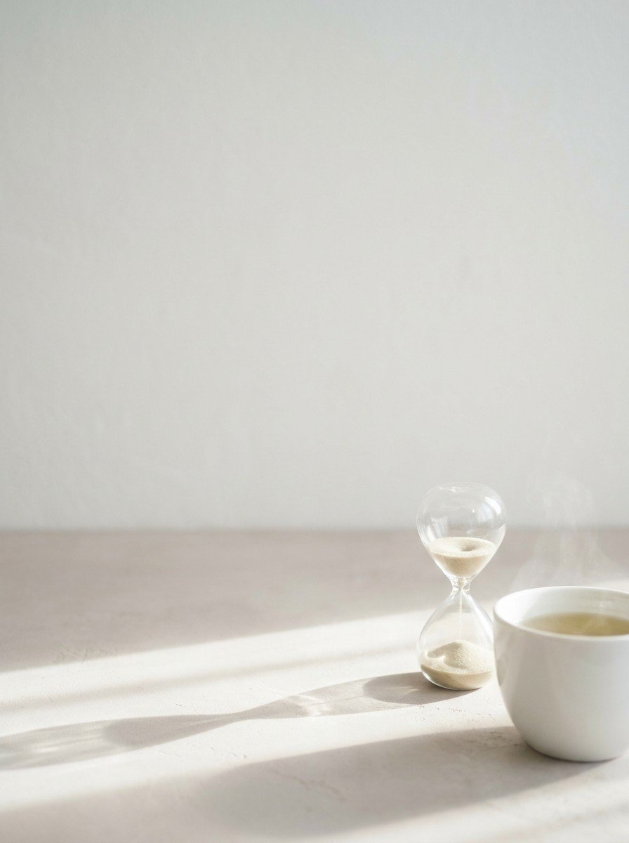A small glass hourglass with pale sand and a white cup of warm tea in the lower right of a pale plaster surface, upper left empty