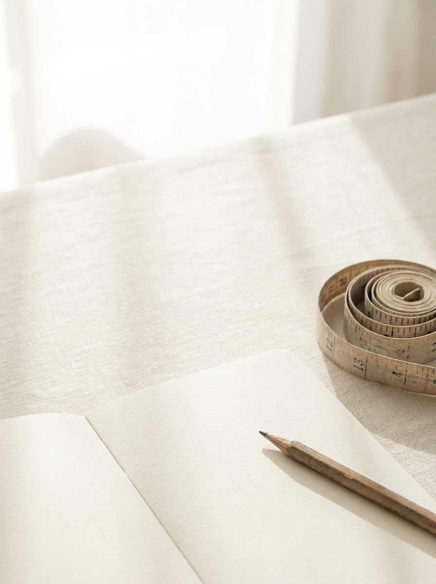 An open blank notebook with a pencil and a coiled cloth tape measure at the lower-right of a cream linen table, the upper-left left empty in soft window light.