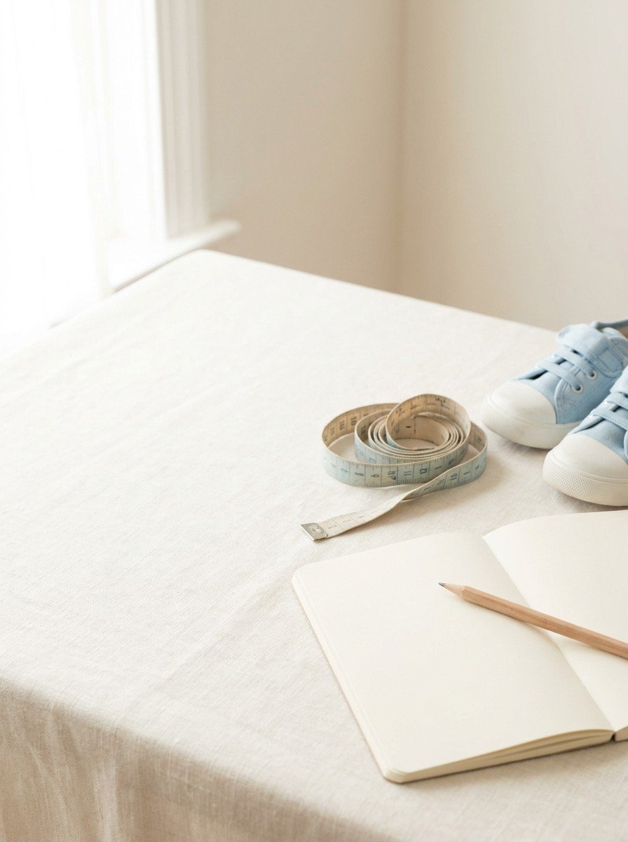 An open blank notebook with a pencil, a coiled cloth measuring tape and small pale blue child's sneakers on the lower right of cream linen, upper left of the frame left empty