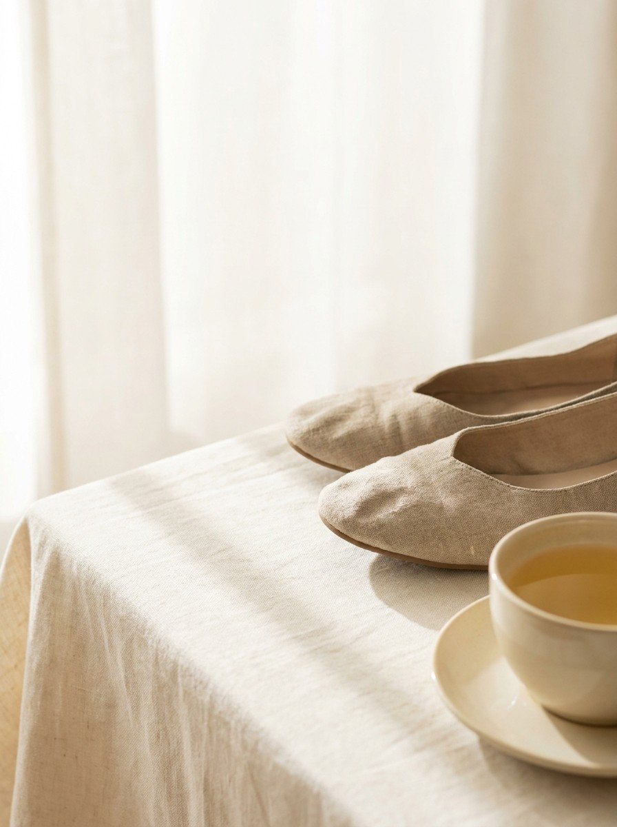 Soft beige flat walking shoes and a cup of corn silk tea on a saucer at the lower-right of a cream linen table, the upper-left left empty in soft window light.