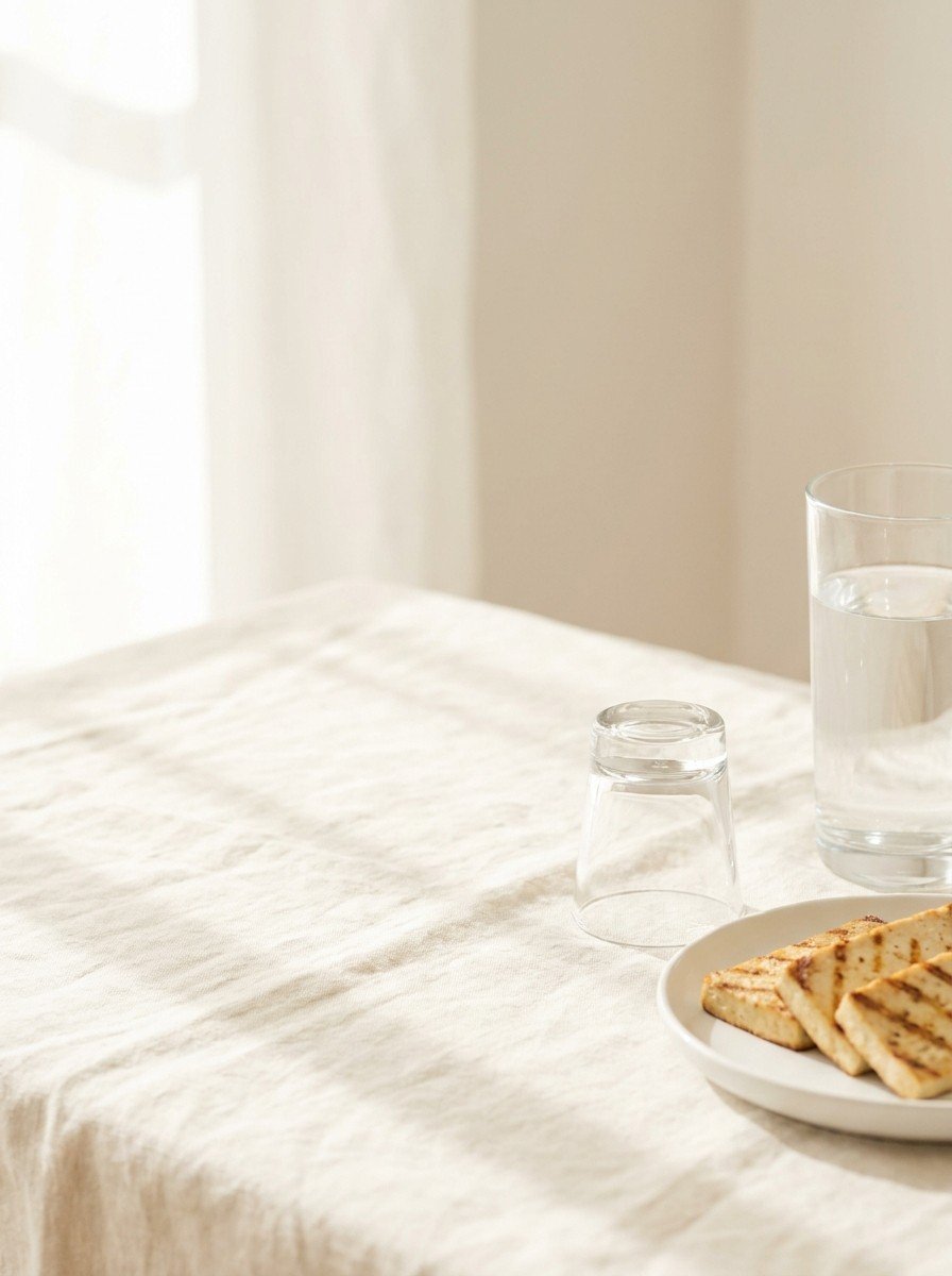 A small empty clear glass turned upside down beside a tall glass of water and a plate of grilled tofu at the lower-right of a cream linen table, the upper-left left empty in soft window light.