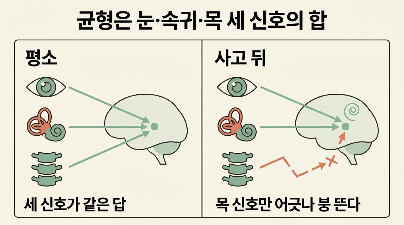 균형은 눈·속귀·목 세 신호의 합 — 사고 뒤에는 목 신호만 어긋난다
