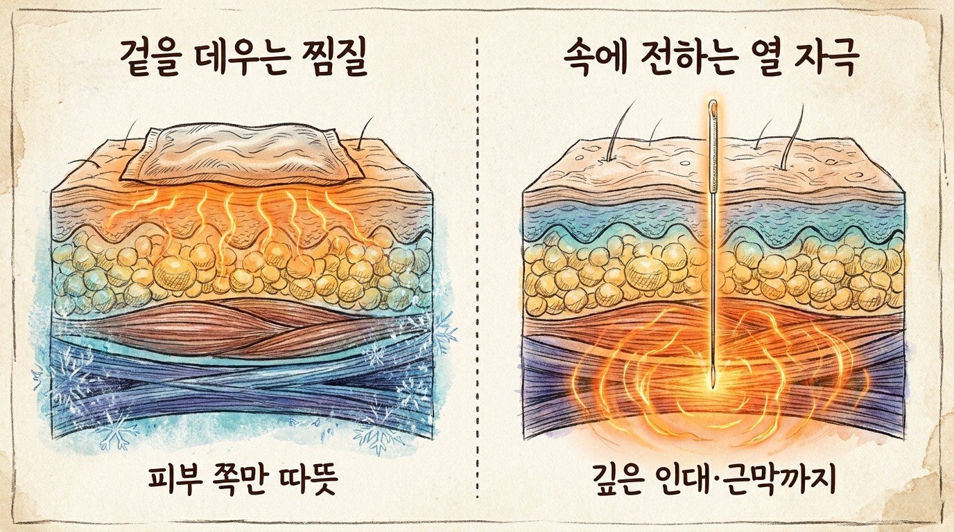 겉을 데우는 찜질은 피부 쪽만 따뜻하고, 속에 전하는 열 자극은 깊은 인대·근막까지 닿는다