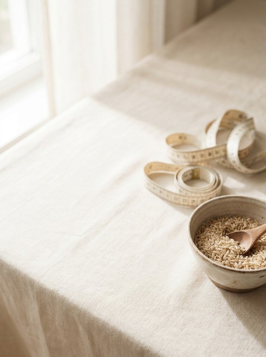 A loosely coiled cloth measuring tape and a small ceramic bowl of brown rice with a wooden spoon at the lower-right of a cream linen table, the upper-left left empty in soft window light.
