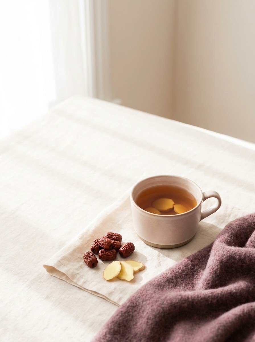 A cup of warm jujube tea with dried jujubes, ginger slices and a plum blanket corner at the lower right of cream linen, upper left of the frame left empty