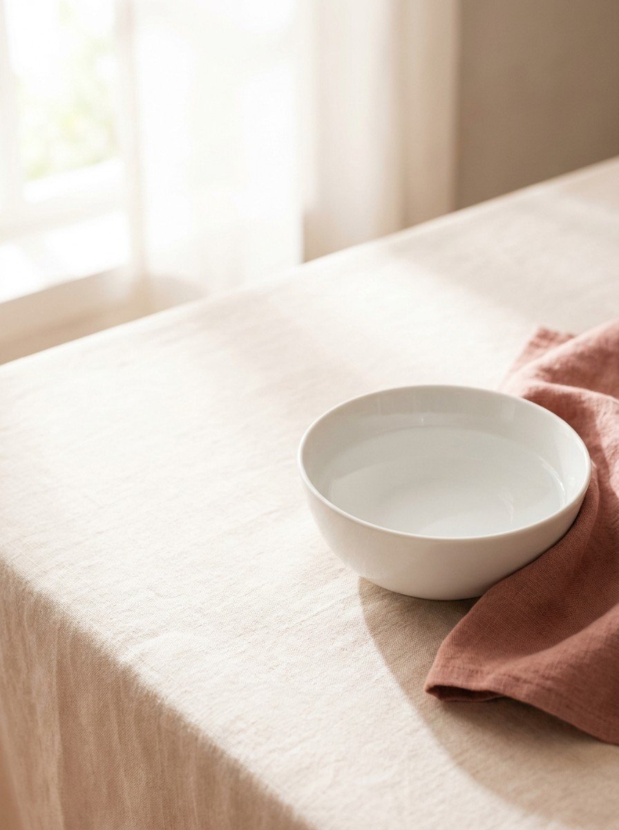 A shallow white porcelain bowl of lukewarm water and a folded soft cotton towel in the lower right of cream-rose linen, upper left empty