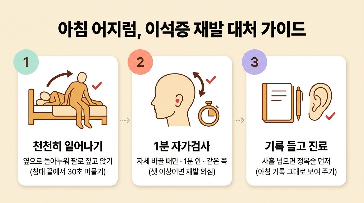 아침 어지럼과 이석증 재발에 대처하는 법을 카드 세 장으로 정리한 그림: 천천히 일어나기, 1분 자가검사, 기록을 들고 진료받기