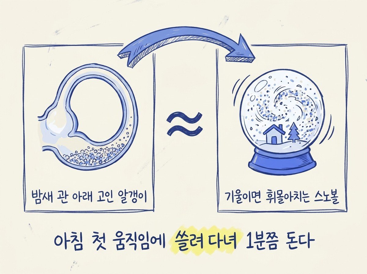 밤새 가라앉은 알갱이가 아침 첫 움직임에 쓸려 다닌다 — 흔들어 놓은 스노볼과 귓속 반고리관 비교