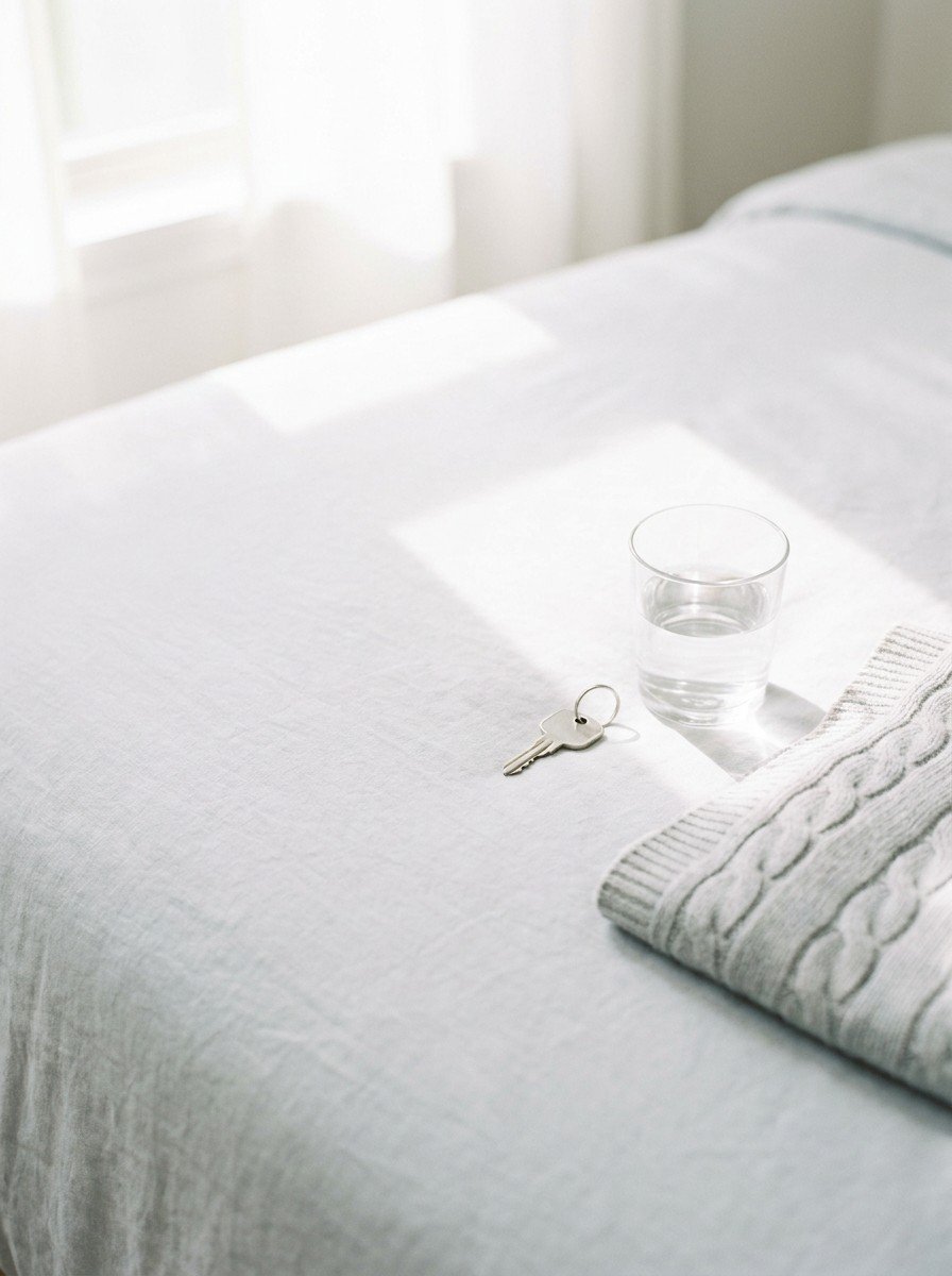 A plain metal car key beside a glass of water and a folded gray knitted blanket in the lower right of a pale linen bed, upper left empty